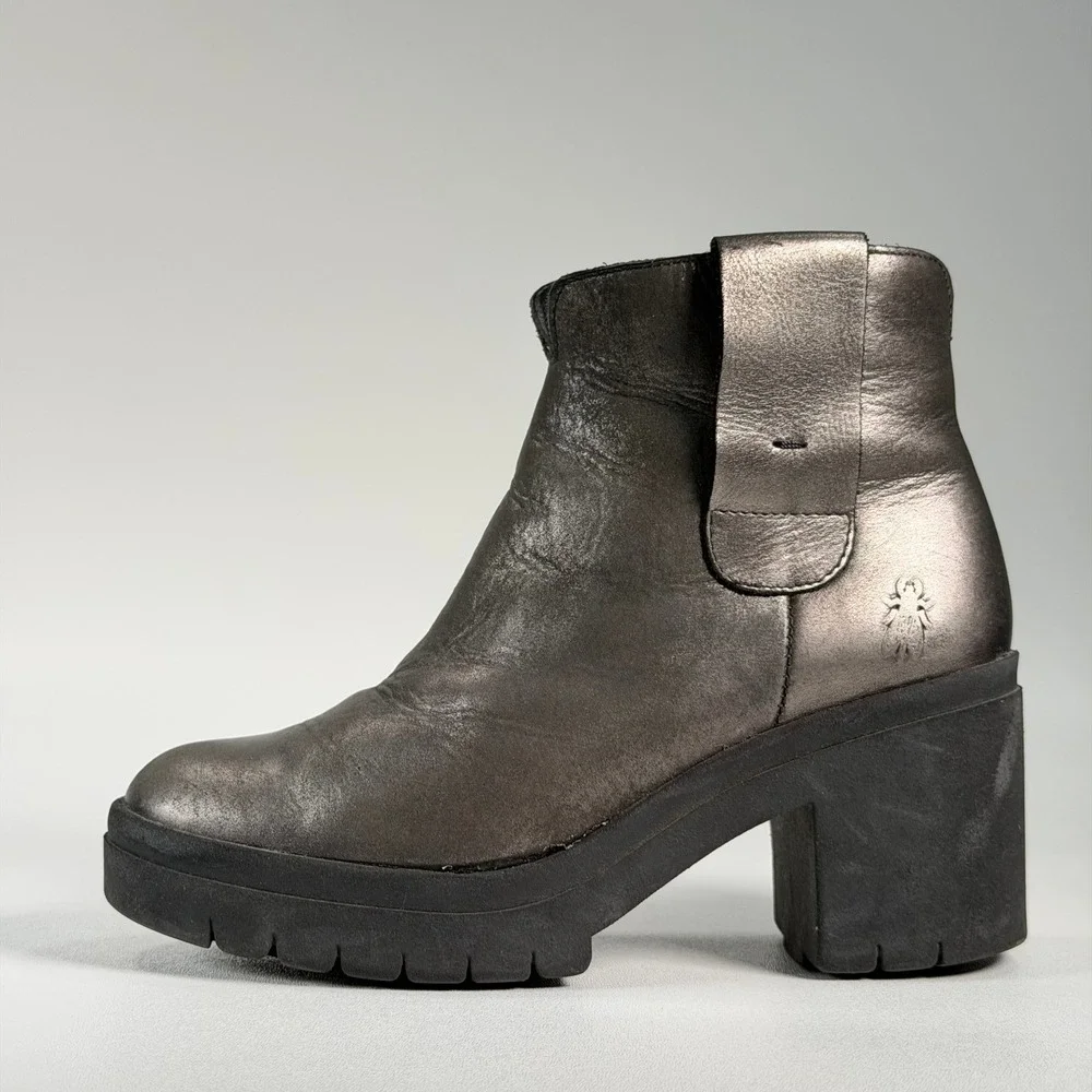 Fly London Tetly Platform Ankle Boots Womens 38 Pewter Metallic Leather Wedge